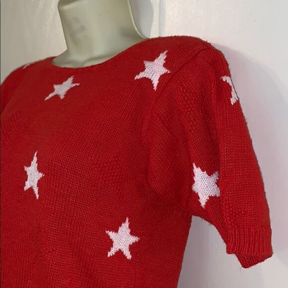 Vtg 80s red short sleeved red sweater with stars - Picture 2 of 6